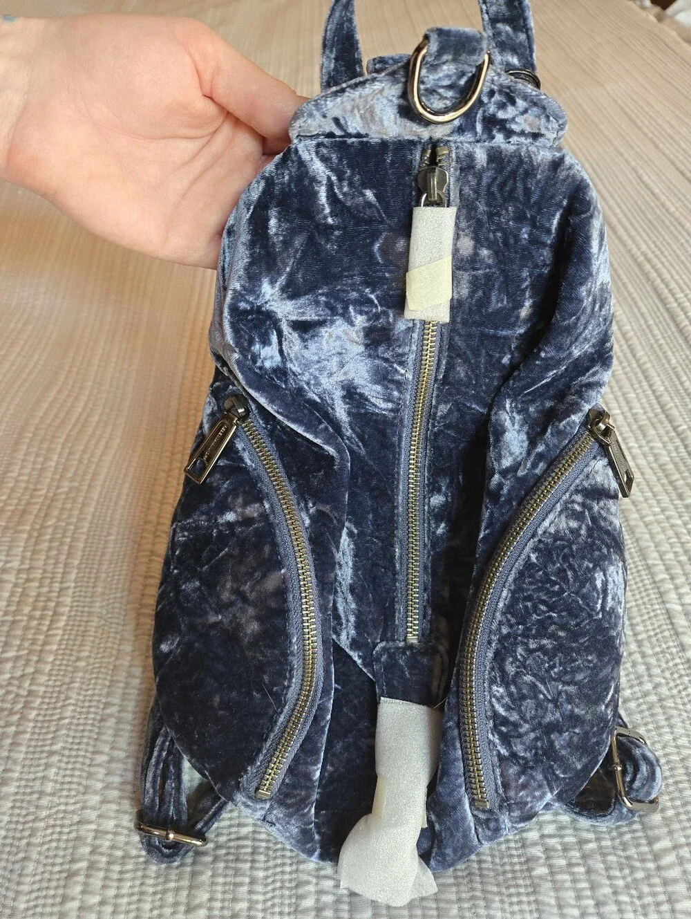 Rebecca Minkoff Dark Blue Velvet Mini Backpack with Gold Zippers